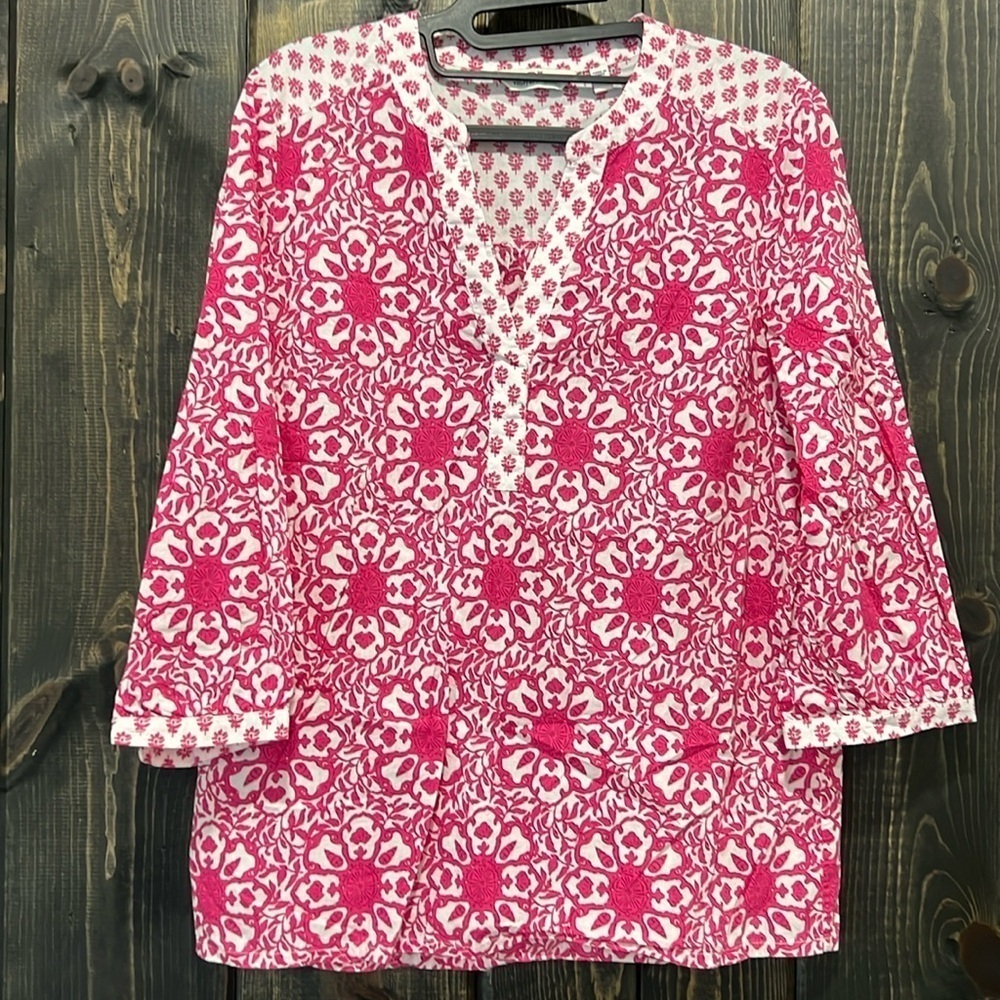 Vineyard Vines Top Xs Pink Floral Coastal Blouse 3/4 Sleeves White Mixed Print